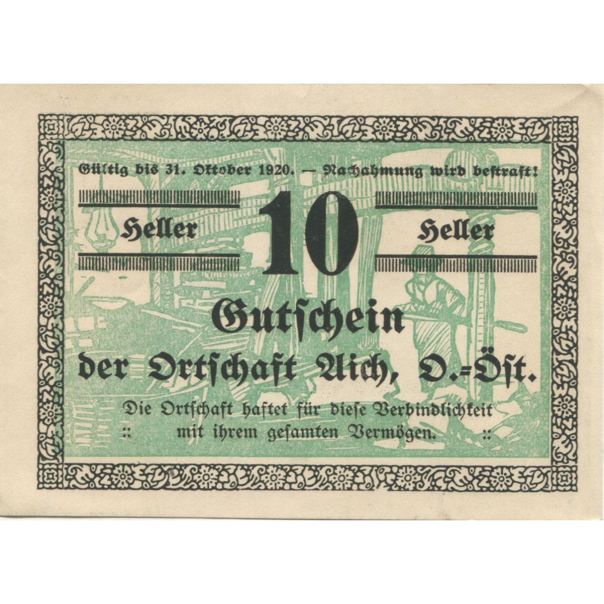 Billete, Austria, Aich, 10 Heller, Usine, 1920, 1920-12-31, SC, Mehl:FS 10a
