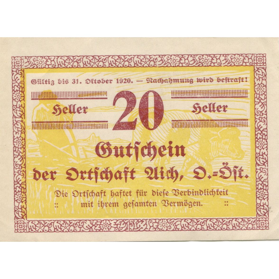 Billete, Austria, Aich, 20 Heller, champs, 1920, SC, Mehl:FS 10a