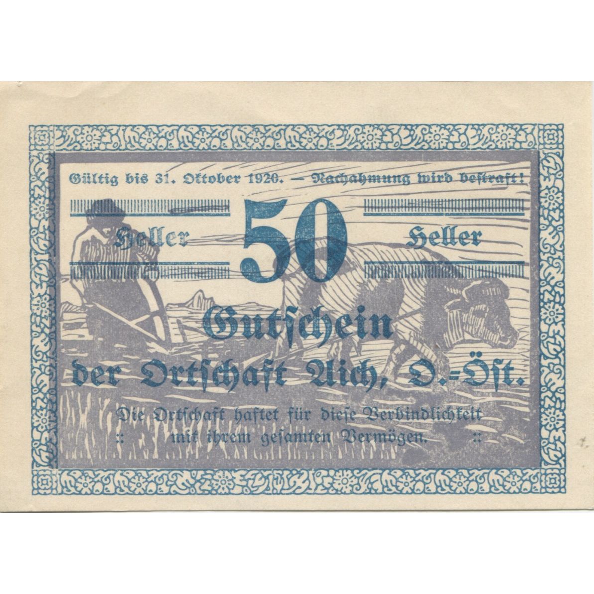 Billete, Austria, Aich, 50 Heller, champs, 1920, SC, Mehl:FS 10a
