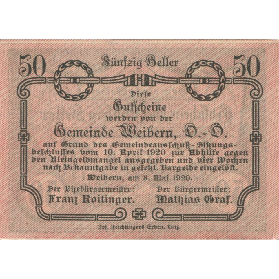 Billete, Austria, Weibern, 50 Heller, rue, 1920, SC, Mehl:FS 1146b
