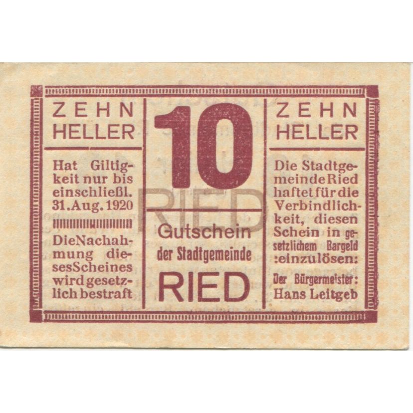 Billete, Austria, Ried, 10 Heller, Texte, 1920, 1920-08-31, SC, Mehl:FS 834I