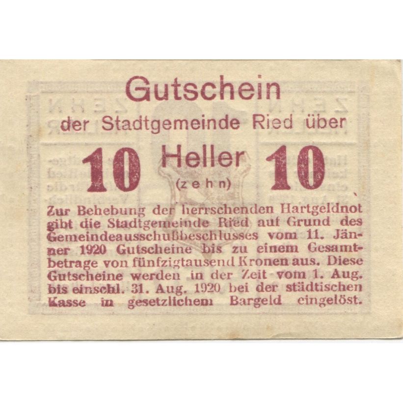 Billete, Austria, Ried, 10 Heller, Texte, 1920, 1920-08-31, SC, Mehl:FS 834I