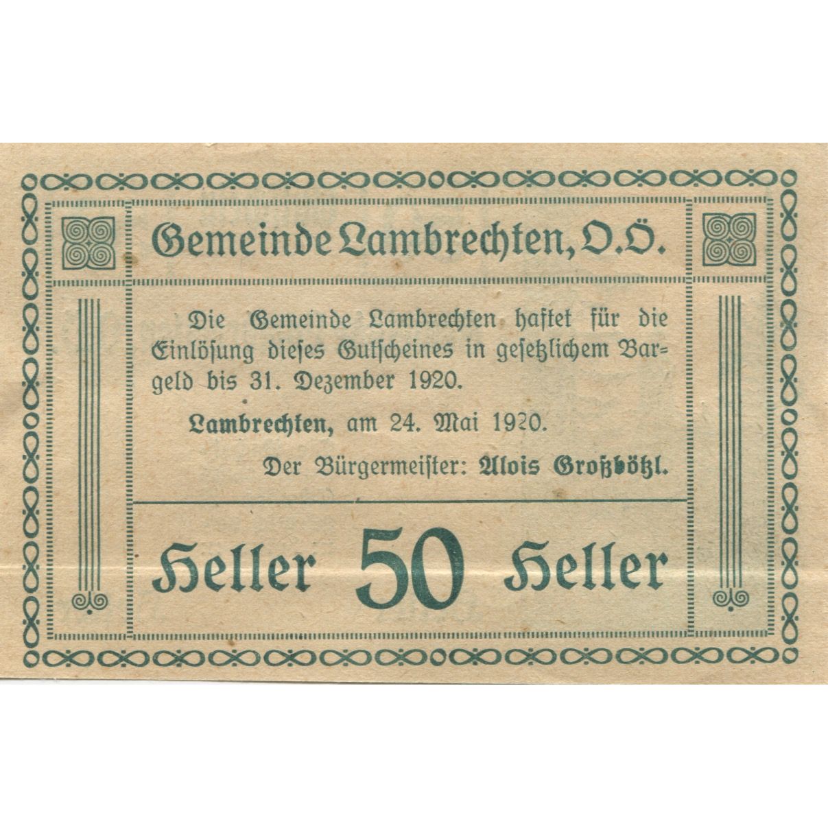 Billete, Austria, Lambrechten, 50 Heller, sapin 1920-12-31, EBC, Mehl:FS 497a