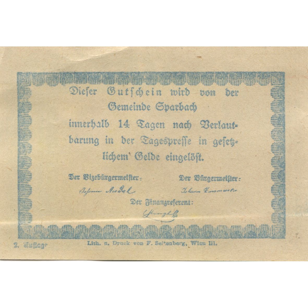 Billete, Austria, Sparbach, 50 Heller, village, 1920, EBC, Mehl:FS 1006a