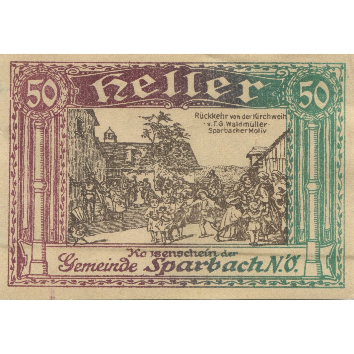 Billete, Austria, Sparbach, 50 Heller, village, 1920, EBC, Mehl:FS 1006a