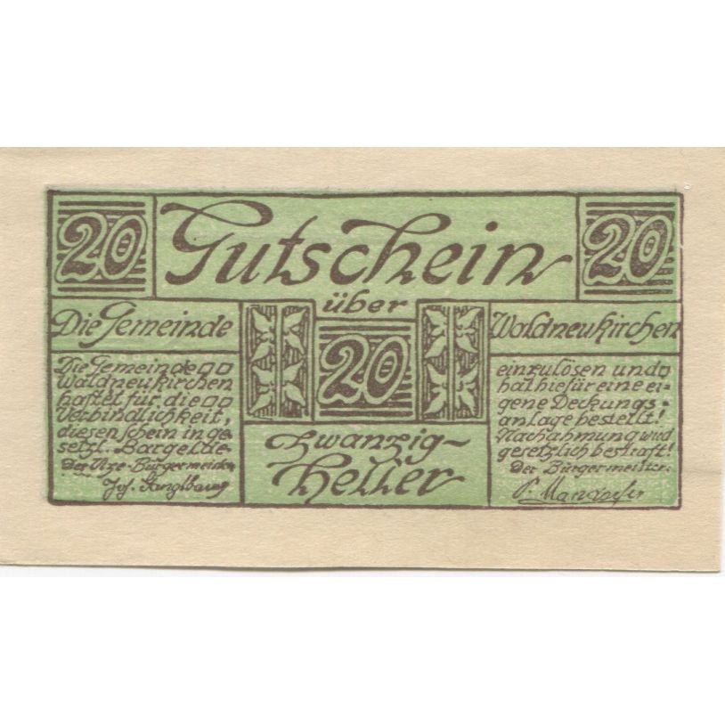 Billete, Austria, Waldneukirchen, 20 Heller, village, 1920, SC, Mehl:FS 1134