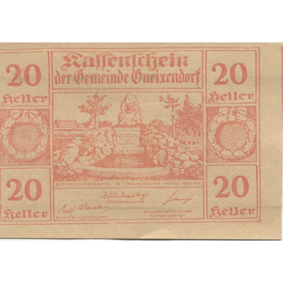 Billete, Austria, Gneixendorf, 20 Heller, Monument 1920-12-31, SC Mehl:FS 241I