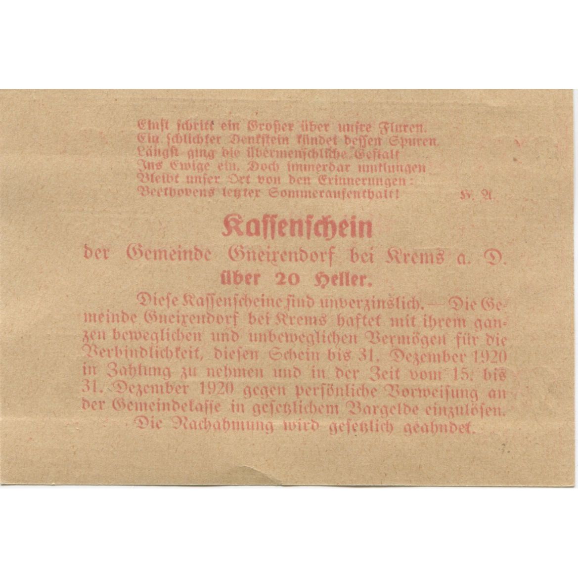 Billete, Austria, Gneixendorf, 20 Heller, Monument 1920-12-31, SC Mehl:FS 241I