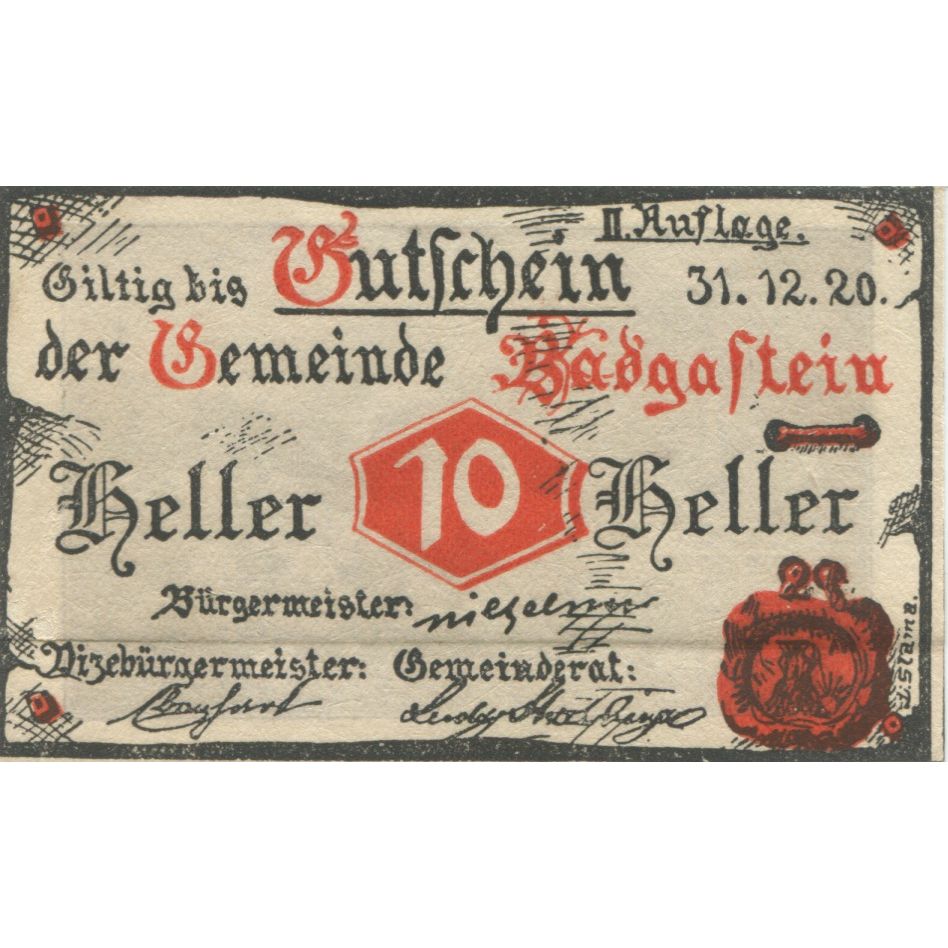 Billete, Austria, Bad Gastein, 10 Heller, village 1920-12-31, SC, Mehl:FS 384I