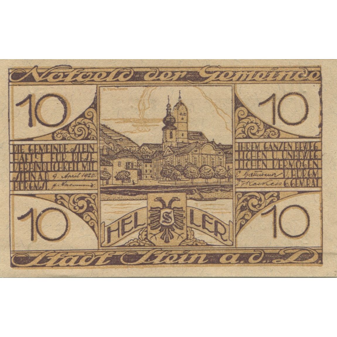 Billete, Austria, Stein a/d Donau, 10 Heller, village, 1920 SC Mehl:FS 1015I.1