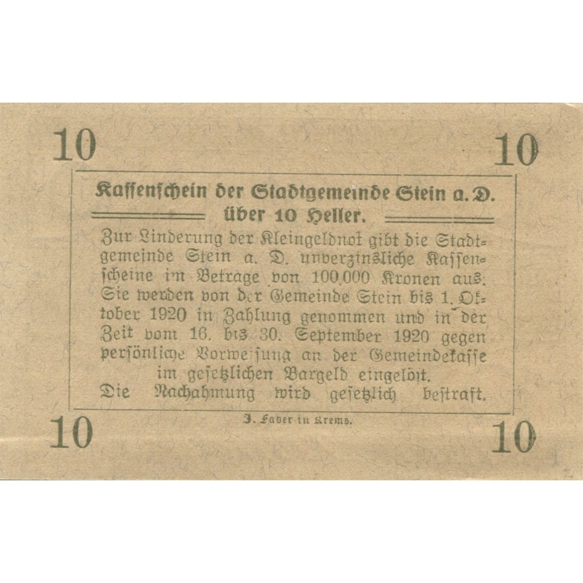 Billete, Austria, Stein a/d Donau, 10 Heller, village, 1920 SC Mehl:FS 1015I.1