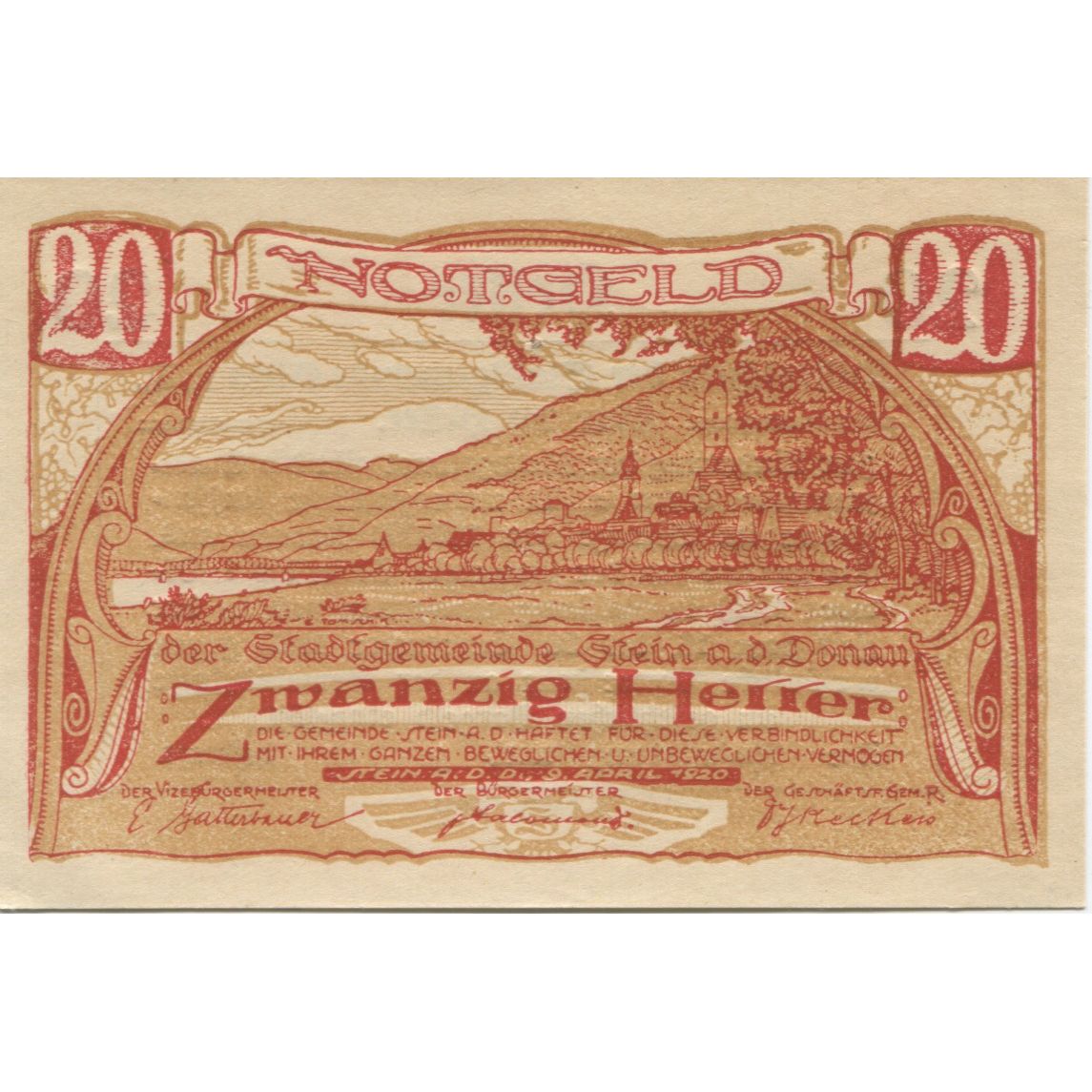 Billete, Austria, Stein a/d Donau, 20 Heller, paysage, 1920 SC Mehl:FS 1015I.1