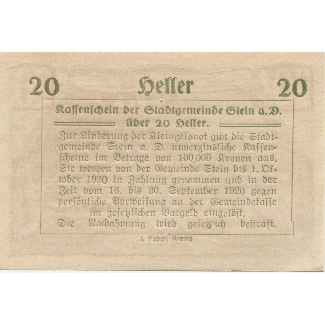 Billete, Austria, Stein a/d Donau, 20 Heller, paysage, 1920 SC Mehl:FS 1015I.1