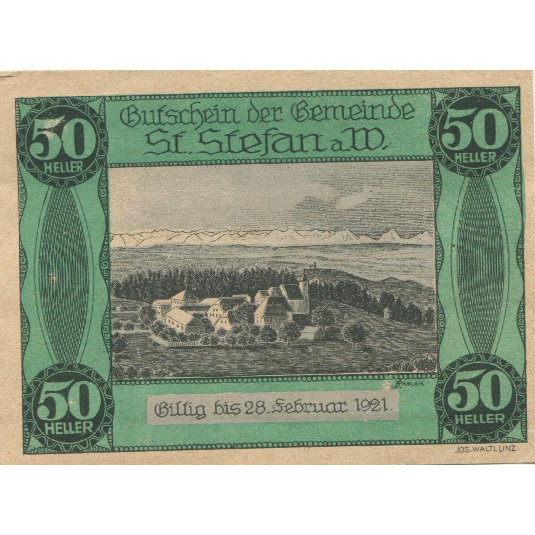 Billete, Austria, St Stefan, 50 Heller, paysage 1921-02-28, SC Mehl:FS 937a
