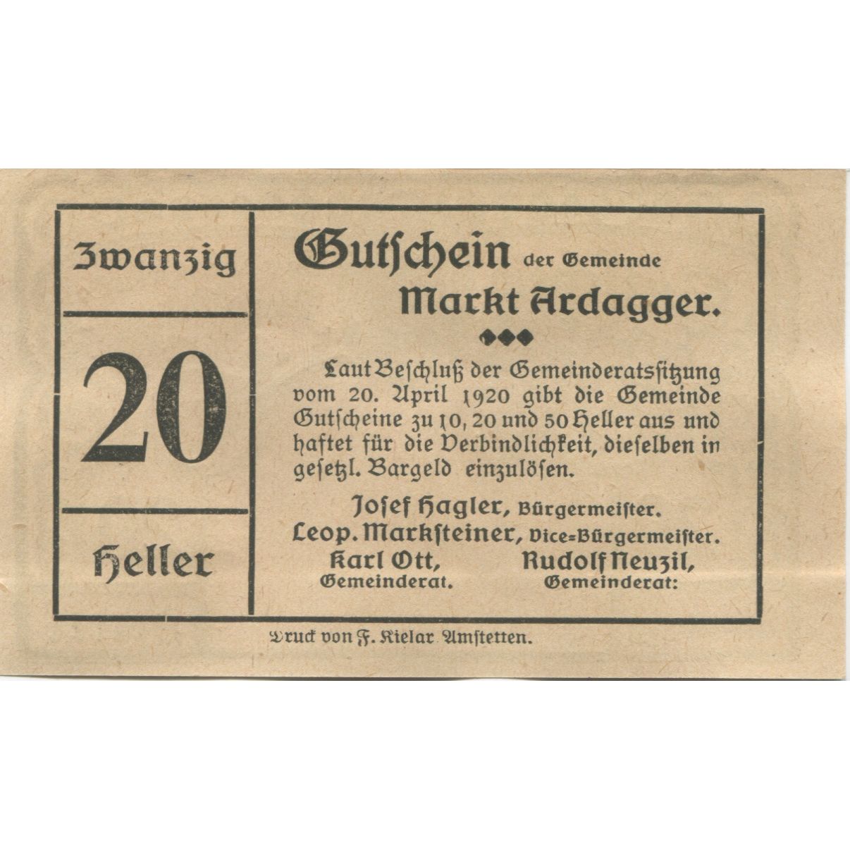 Billete, Austria, Ardagger, 20 Heller, village 1920-12-31, SC, Mehl:FS 50a