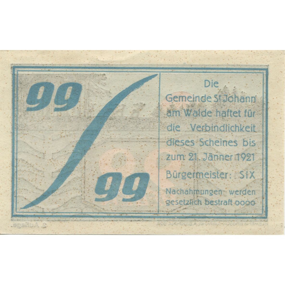 Billete, Austria, St Johann, 99 Heller, paysage 1921-01-21, SC, Mehl:FS 893a