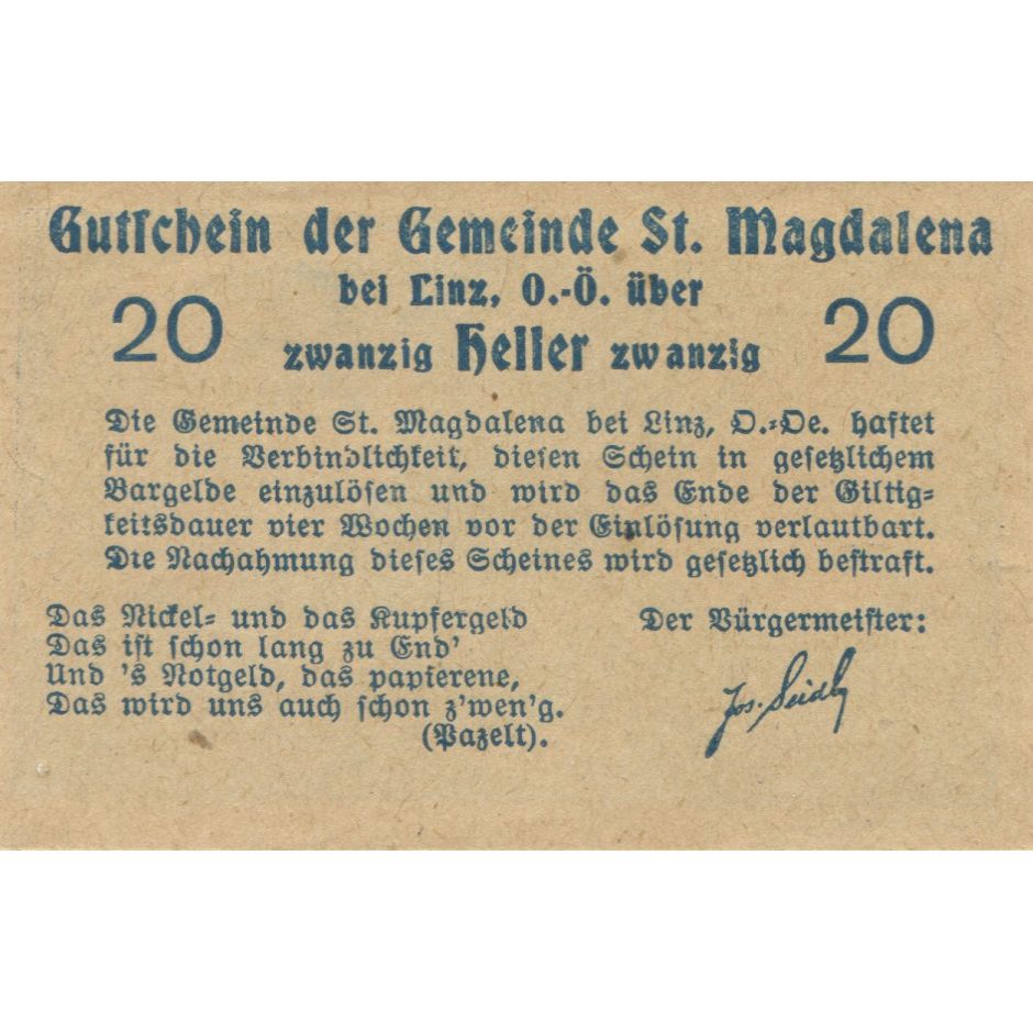 Billete, Austria, St Magdalena, 20 Heller, route, 1920, SC, Mehl:FS 906a
