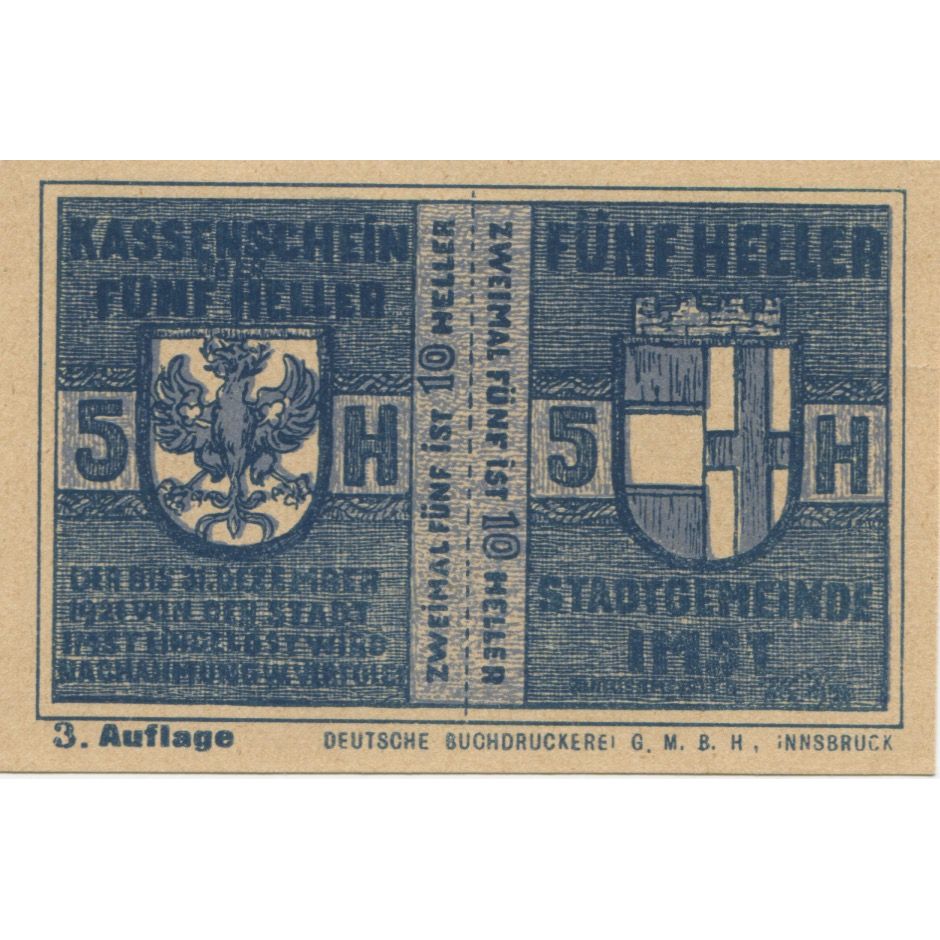 Billete, Austria, Imst, 5 Heller, Blason, 1920, 1920-12-31, SC, Mehl:FS 405c