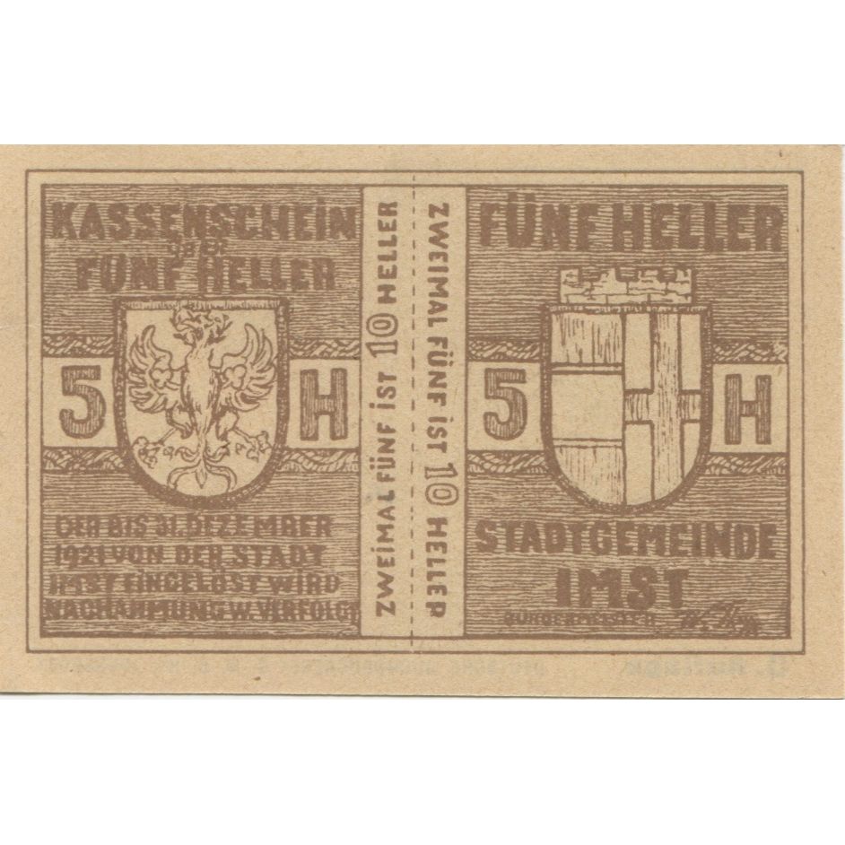 Billete, Austria, Imst, 5 Heller, Blason, 1920, 1920-12-31, SC, Mehl:FS 405c
