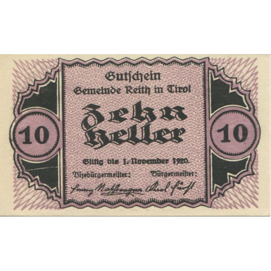 Billete, Austria, Reith, 10 Heller, Texte, 1920, 1920-11-01, SC, Mehl:FS 831a