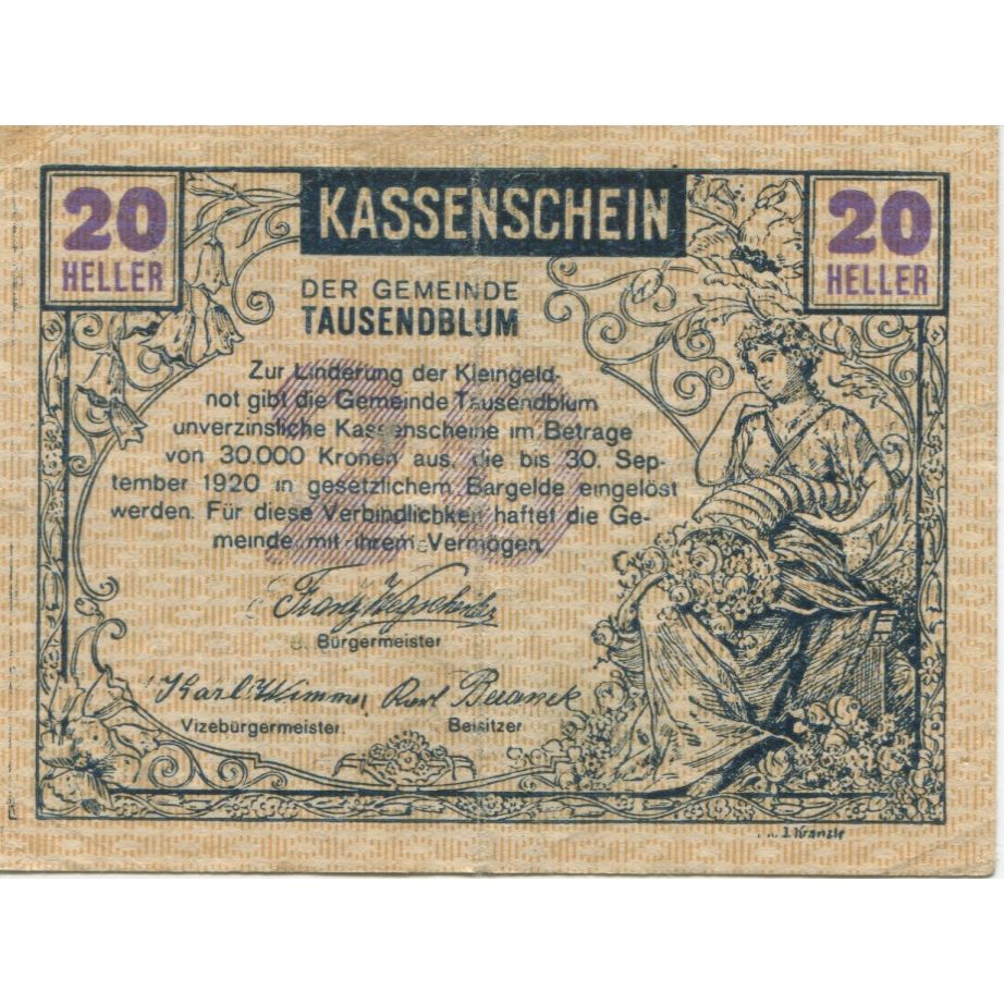 Billete, Austria, Tausendblum, 20 Heller, cheval 1920-09-30, SC, Mehl:FS 1060