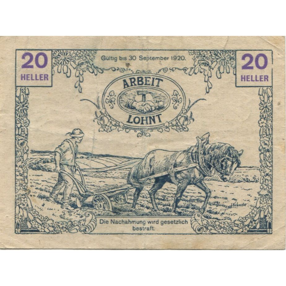 Billete, Austria, Tausendblum, 20 Heller, cheval 1920-09-30, SC, Mehl:FS 1060