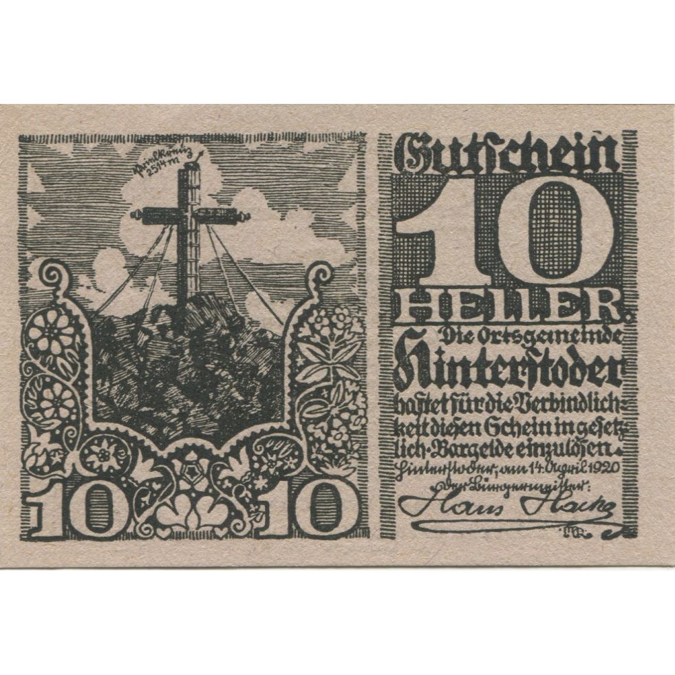 Billete, Austria, Hinterstoder, 10 Heller, Monument, 1920 SC Mehl:FS 377a