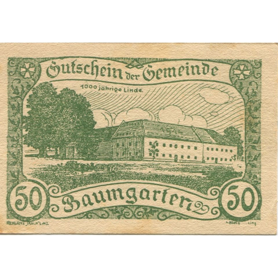 Billete, Austria, Baumgarten, 50 Heller, château 1921-02-28, EBC Mehl:FS 78b