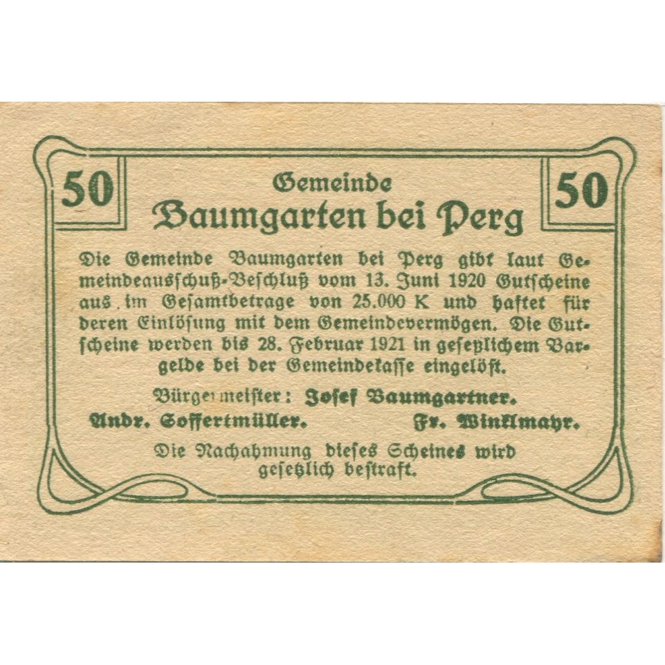 Billete, Austria, Baumgarten, 50 Heller, château 1921-02-28, EBC Mehl:FS 78b