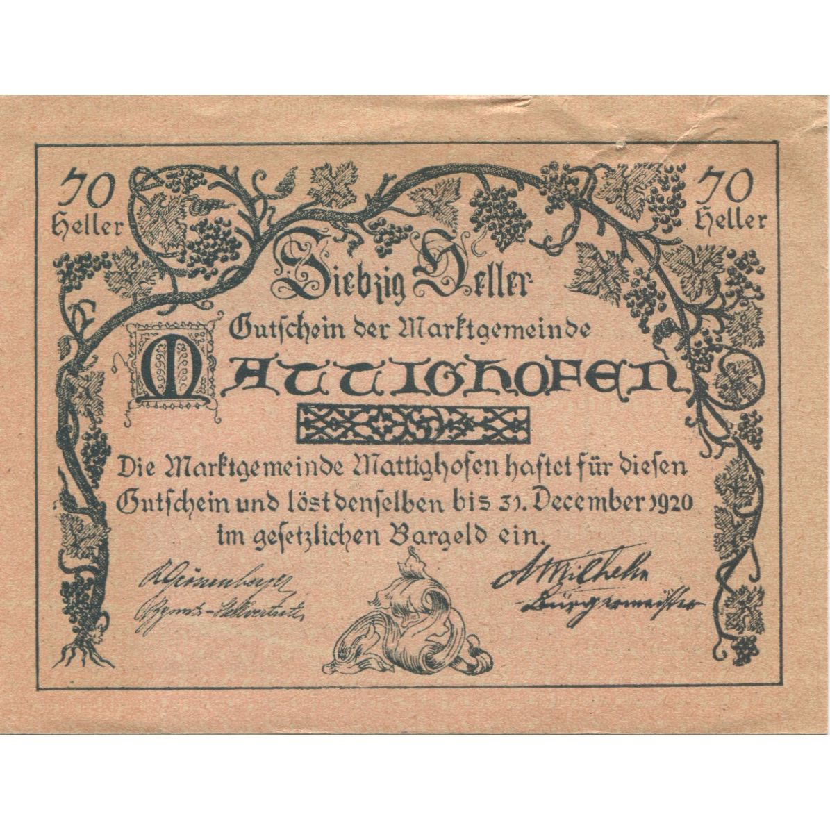 Billete, Austria, Mattighofen, 70 Heller, village 1920-12-31, SC, Mehl:FS 594a