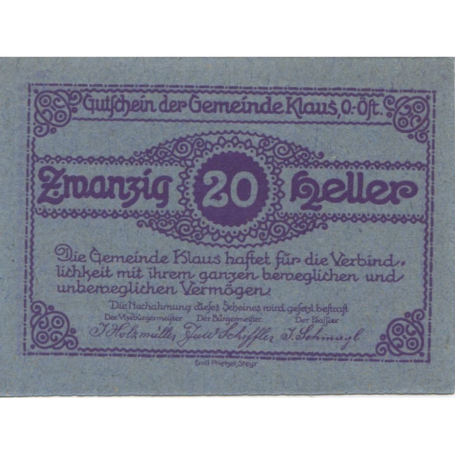 Billete, Austria, Klaus, 20 Heller, château 1920-03-27, SC Mehl:FS 454IIf