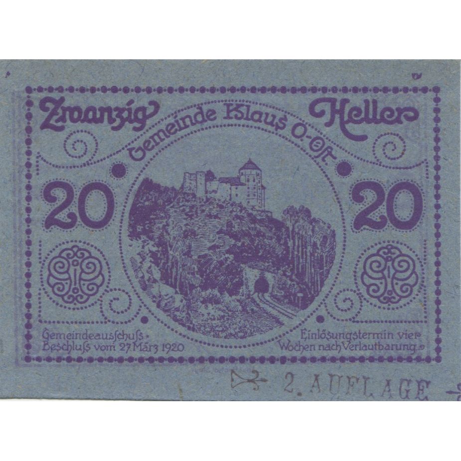 Billete, Austria, Klaus, 20 Heller, château 1920-03-27, SC Mehl:FS 454IIf