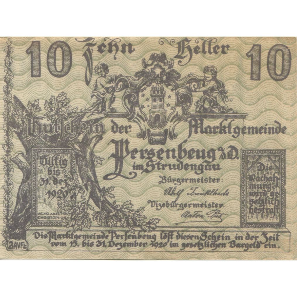 Billete, Austria, Persenbeug, 10 Heller, château, 1920 EBC Mehl:FS 735IIa