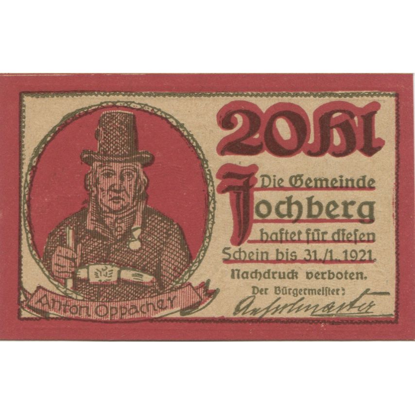 Billete, Austria, Jochberg, 20 Heller, personnage 1921-01-31, SC Mehl:FS 419b