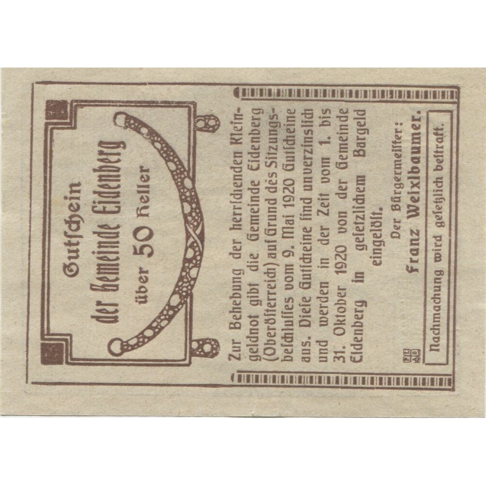 Billete, Austria, Eidenberg, 50 Heller, Monument 1920-10-31, SC Mehl:FS 168Ia