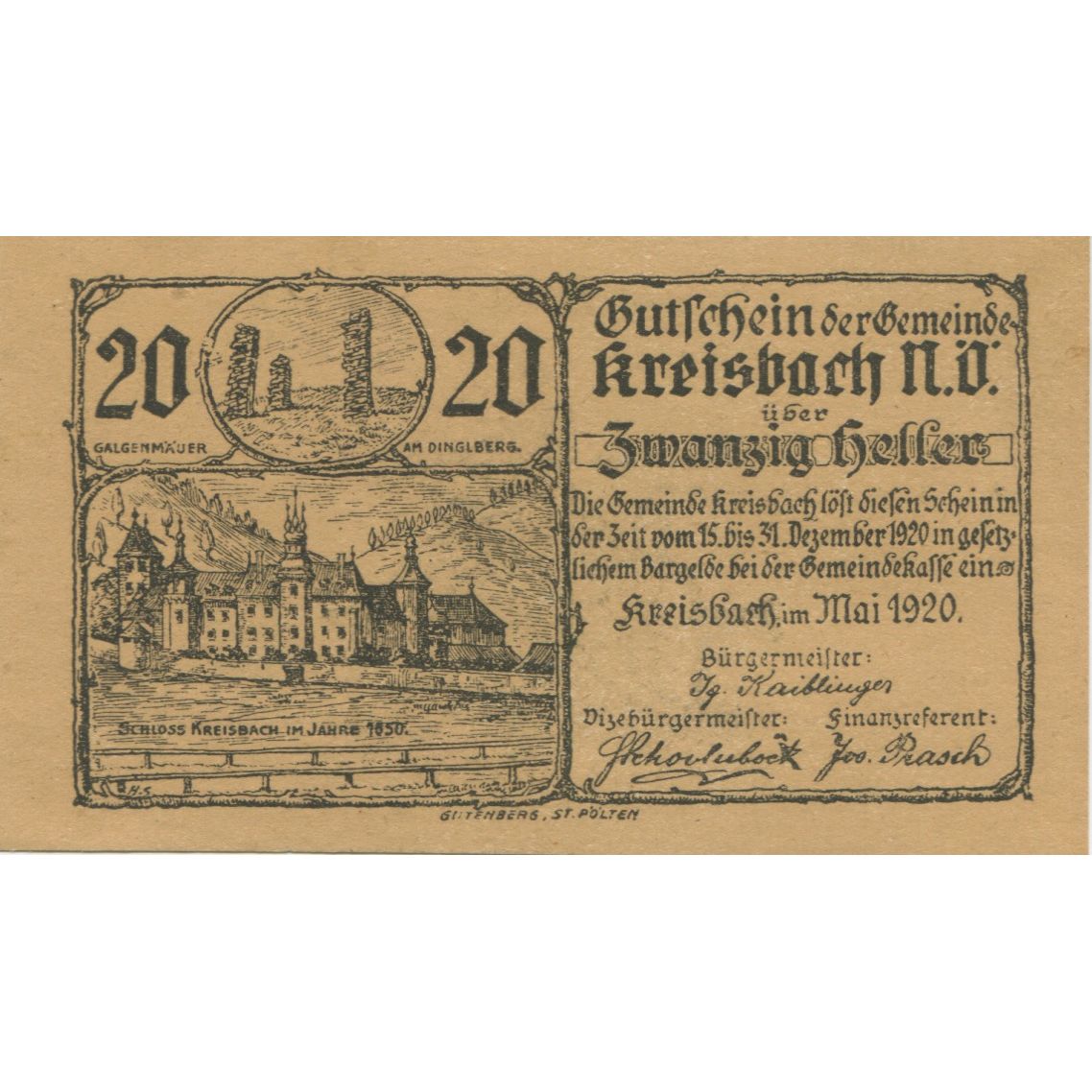 Billete, Austria, Kreisbach, 20 Heller, château, 1920 SC, Mehl:FS 1235a
