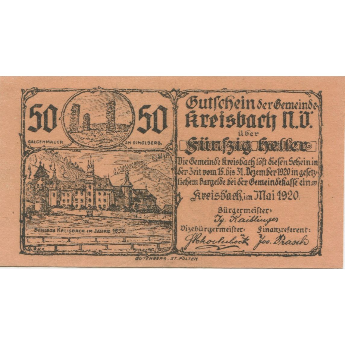 Billete, Austria, Kreisbach, 50 Heller, château 1920-12-31, SC, Mehl:FS 1235a