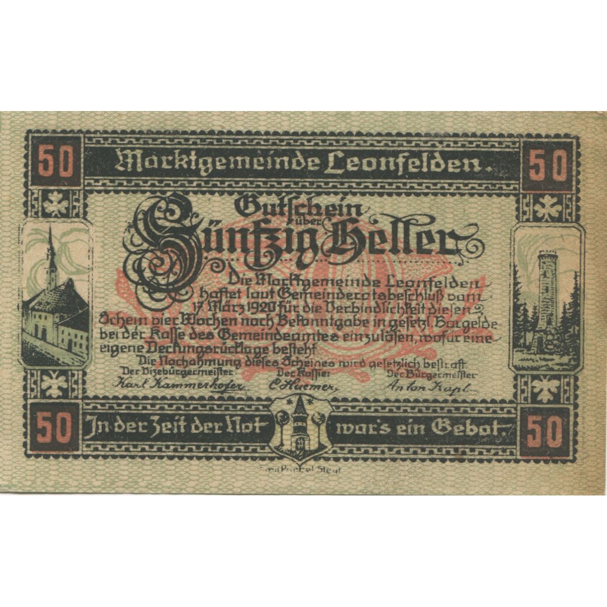 Billete, Austria, Leonfelden, 50 Heller, Eglise 1920-08-31, EBC, Mehl:FS 514