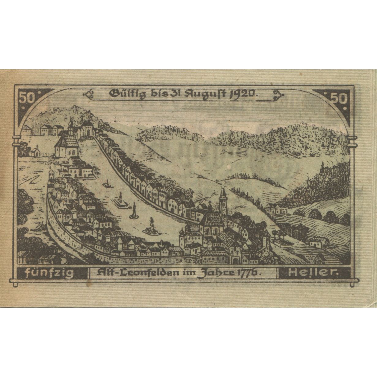 Billete, Austria, Leonfelden, 50 Heller, Eglise 1920-08-31, EBC, Mehl:FS 514
