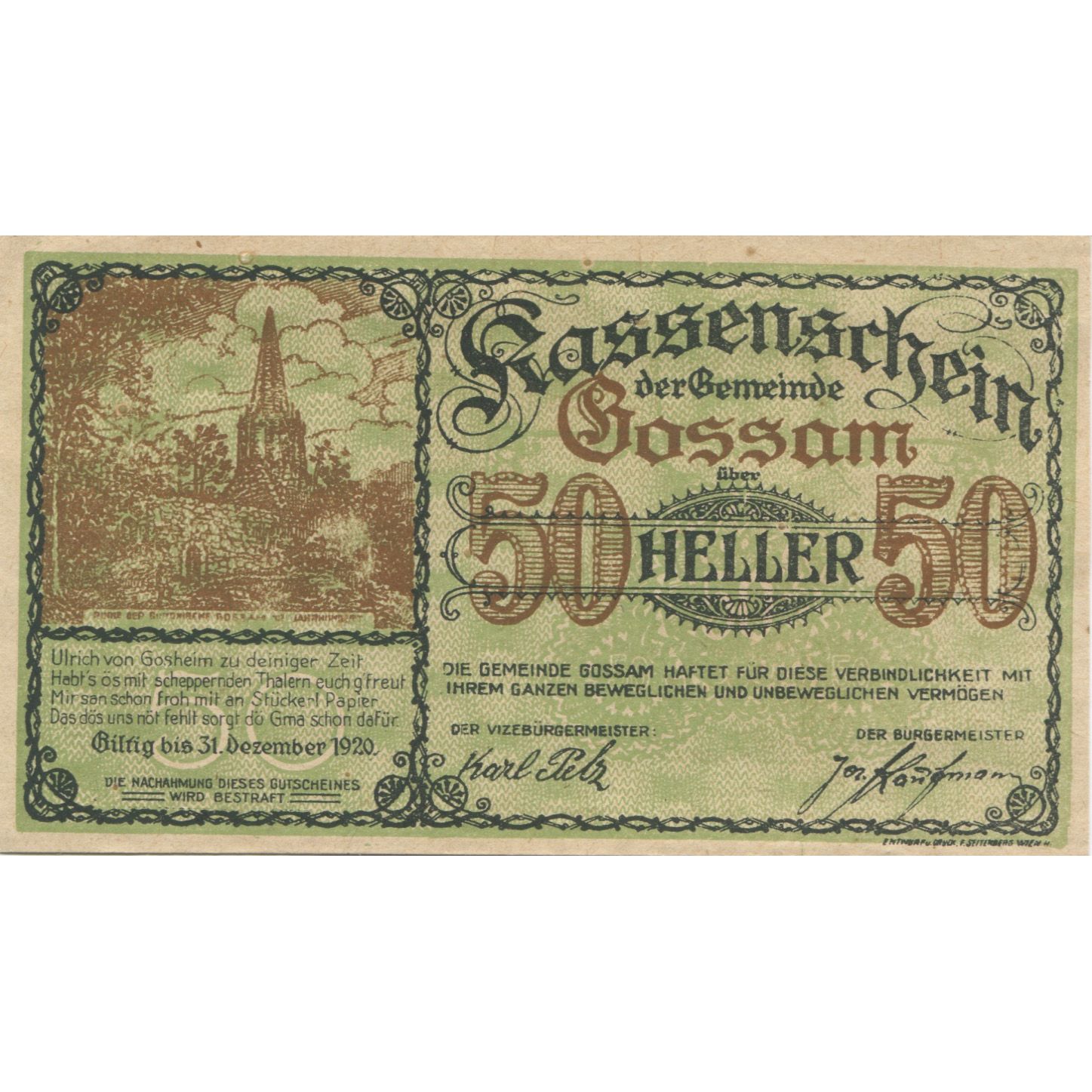 Billete, Austria, Gossam, 50 Heller, Eglise, 1920, 1920-12-31, SC, Mehl:FS 252b