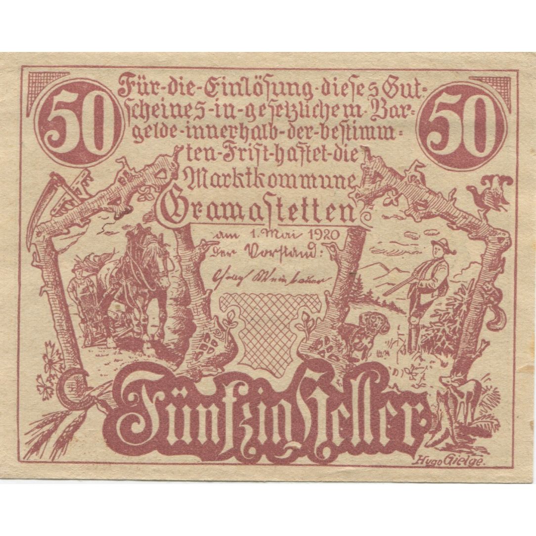 Billete, Austria, Gramastetten, 50 Heller, paysage 1920-05-01, SC Mehl:FS 256