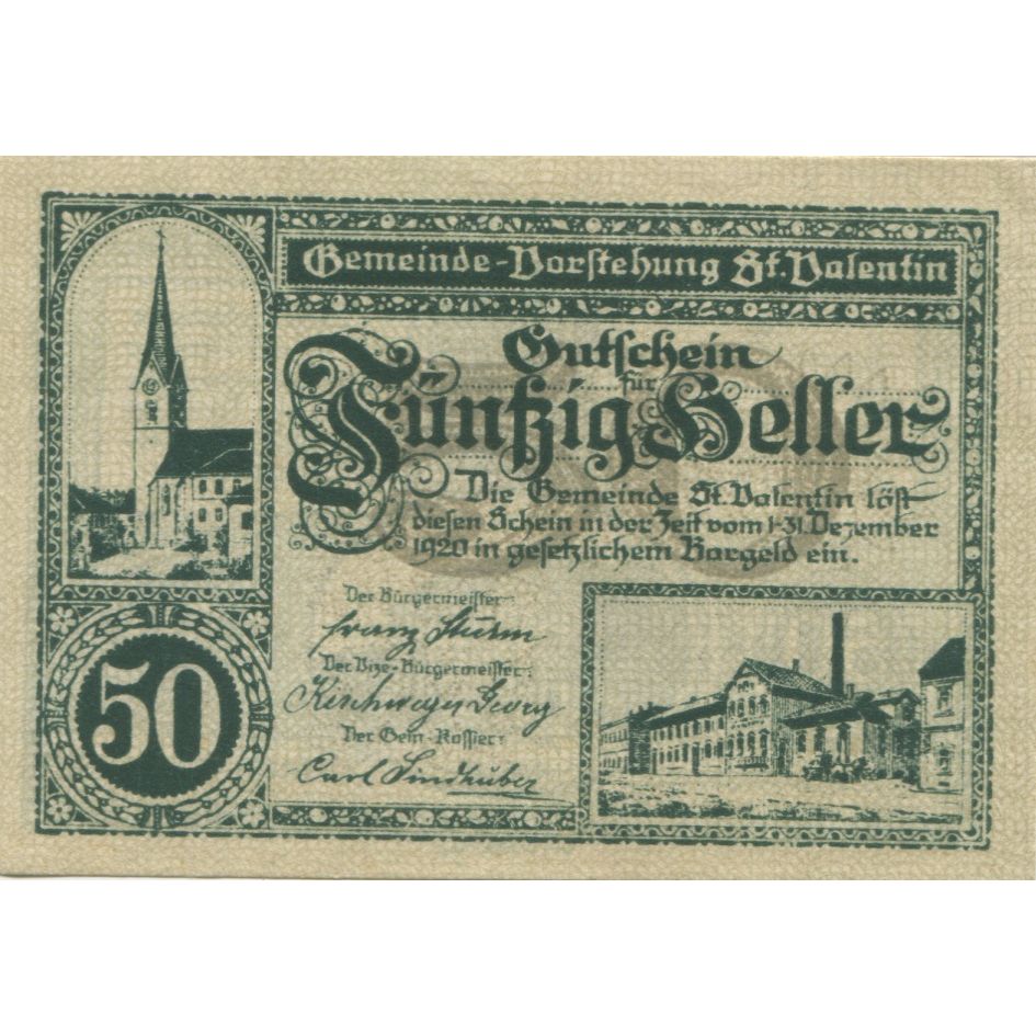 Billete, Austria, St Valentin, 50 Heller, Eglise, 1920-12-31, SC, Mehl:FS 941