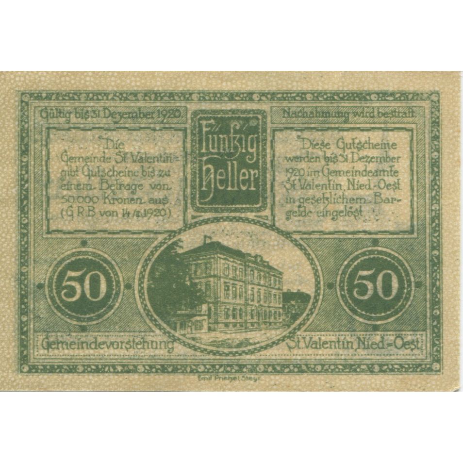 Billete, Austria, St Valentin, 50 Heller, Eglise, 1920-12-31, SC, Mehl:FS 941