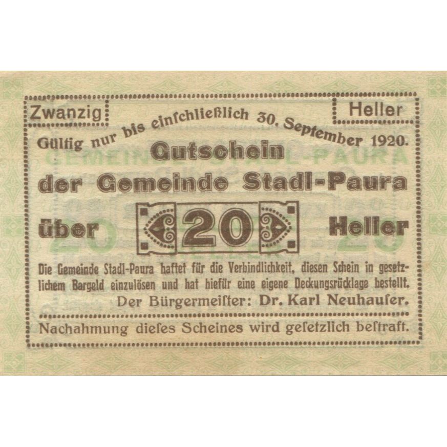 Billete, Austria, Paura, 20 Heller, Texte, 1920, 1920-09-30, SC, Mehl:FS 1008Ia