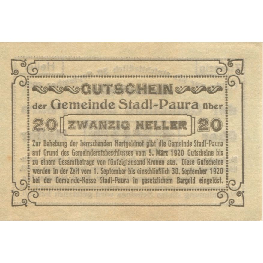 Billete, Austria, Paura, 20 Heller, Texte, 1920, 1920-09-30, SC, Mehl:FS 1008Ia
