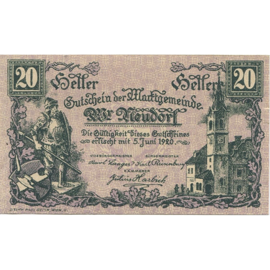 Billete, Austria, Neudorf, 20 Heller, château 1920-06-05, SC Mehl:FS 1229Ia