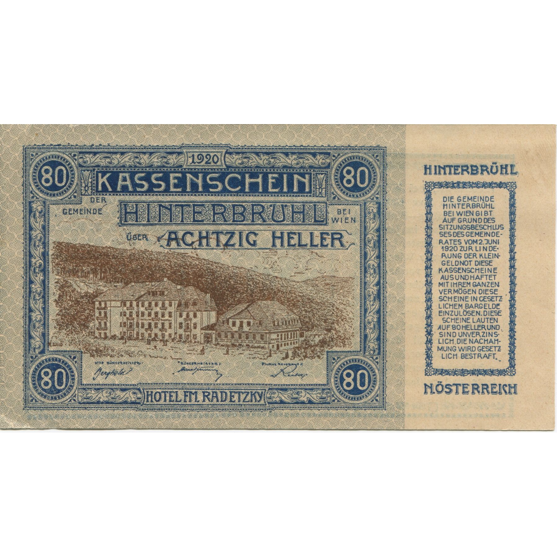 Billete, Austria, Hinterbrühl, 80 Heller, village 1920-09-30, SC Mehl:FS 376II