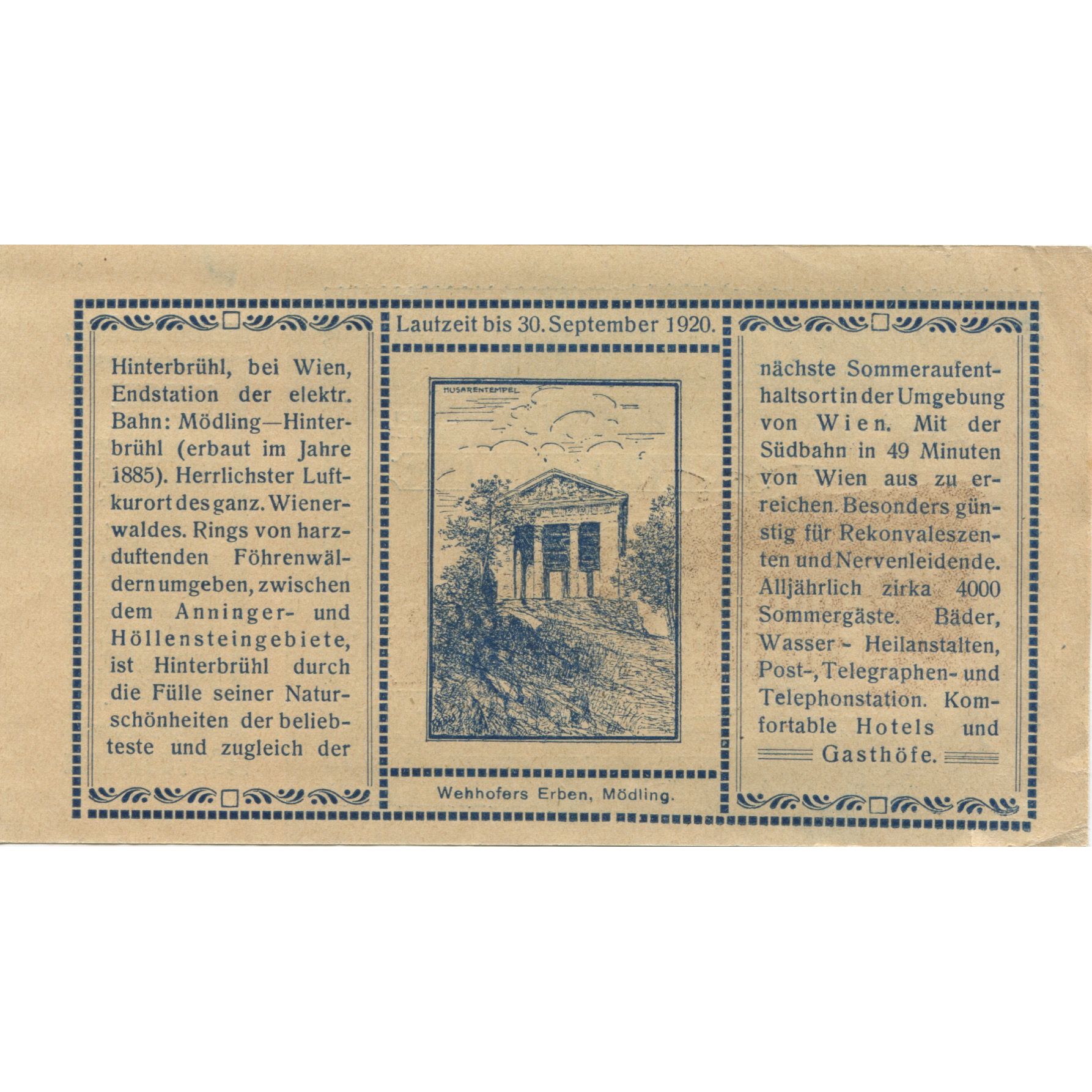 Billete, Austria, Hinterbrühl, 80 Heller, village 1920-09-30, SC Mehl:FS 376II