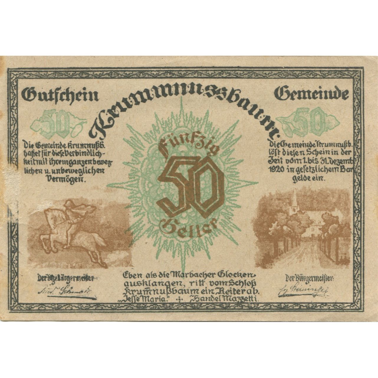Billete, Austria, Krummnusssbaum, 50 Heller, route 1920-12-31, SC Mehl:FS 488