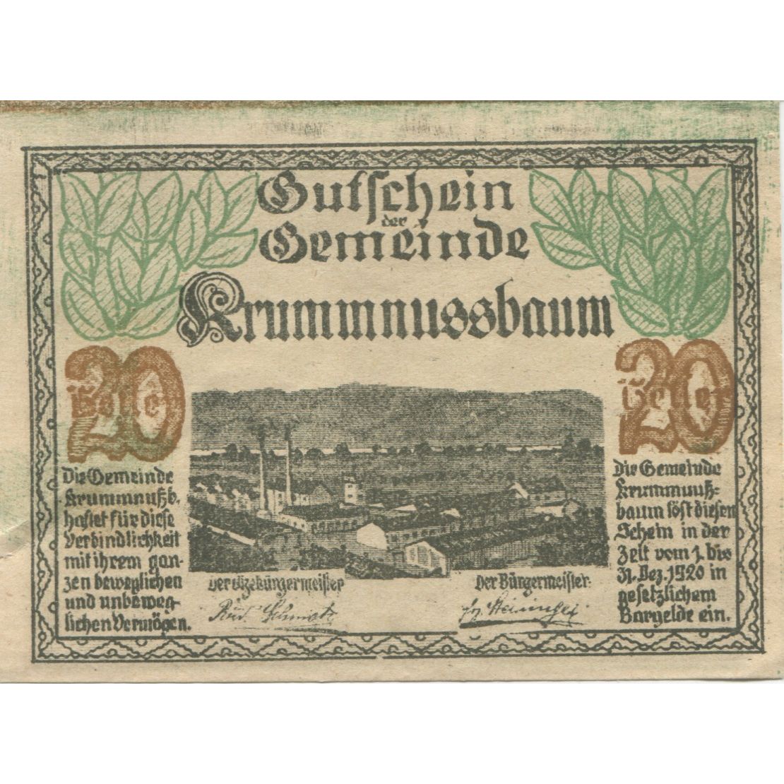 Billete, Austria, Krummnusssbaum, 20 Heller, Usine 1920 SC Mehl:FS 488